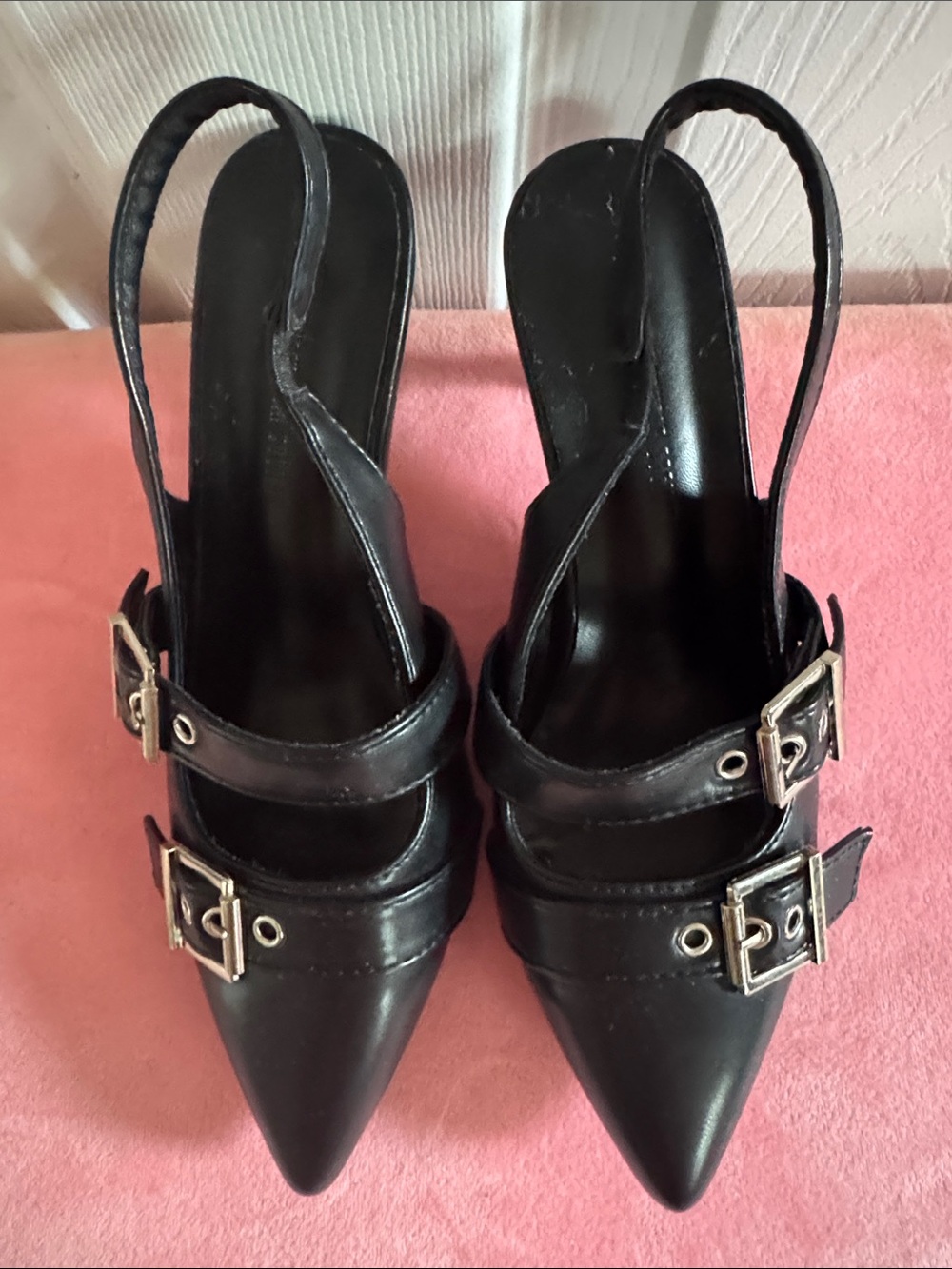 Streetwear Society Black Pointed Slingback Heels with Double Buckles
